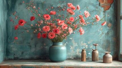  a painting of pink flowers in a blue vase on a window sill next to two salt and pepper shakers on a window sill with a blue wall in the background.