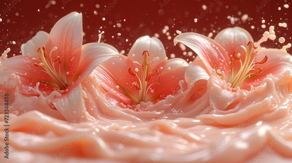 Poster a close up of a pink flower with water splashing on it and a red background with a splash of water o
