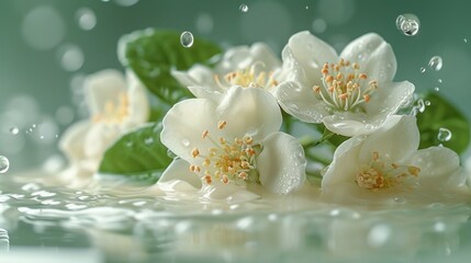  a group of white flowers with green leaves floating in a pool of water with drops of water on the bottom of the image and on the bottom of the image is a green background.