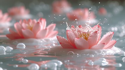  a close up of a pink flower in a body of water with drops of water on the bottom of the flower and the petals on the bottom of the water.
