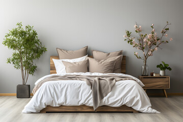Modern bedroom interior with wooden bed and flower in vase. 3d render. ai generated