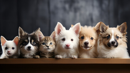 Group of cute puppies and kittens in a box on a dark background. ai generated