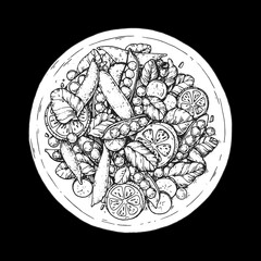 Salad hand drawn sketch. Top view. Salad with green pea, radish, salad greens. Vegan food. Vector illustration.