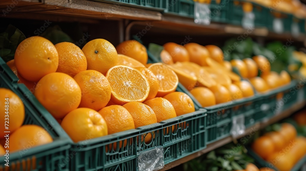 Poster a display in a grocery store filled with lots of oranges and broccoli sitting on top of green bins f