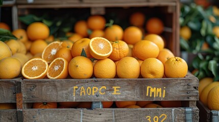  a pile of oranges sitting on top of a wooden crate next to a pile of oranges on top of a pile of oranges next to each other oranges.