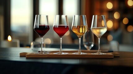  a row of wine glasses sitting on top of a wooden table next to a wine glass filled with red, white, and pink wine in front of a window.