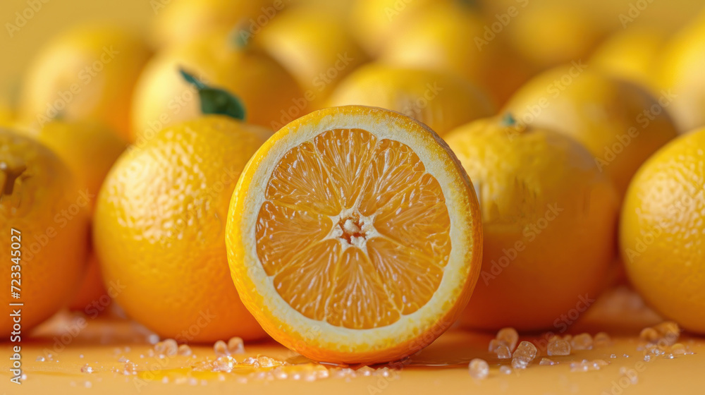 Poster a group of oranges sitting on top of a table next to a pile of oranges on top of a yellow surface wi