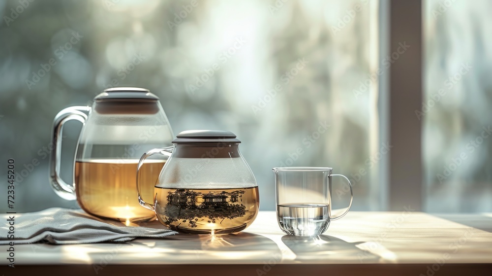 Poster a glass pitcher of tea next to a pitcher of water and a cup of tea on a table in front of a window w