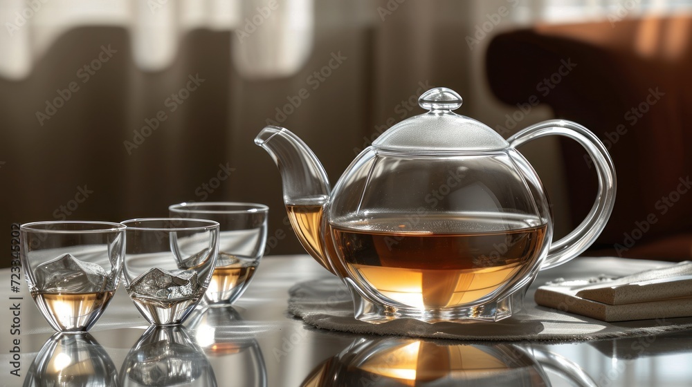 Aufkleber a glass tea set with a teapot and cups on a table with a remote control in the foreground and a book