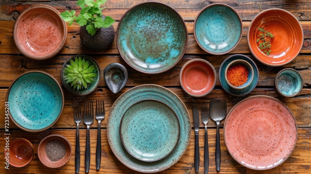 Poster a wooden table topped with lots of different colored plates and bowls filled with different types of