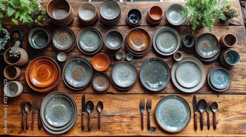 Poster a wooden table topped with lots of different types of plates and utensils on top of a wooden table n