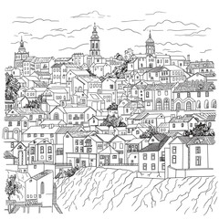 Obraz premium Panoramic view of the old city. Monochrome linear primitive sketch, in a naive style.