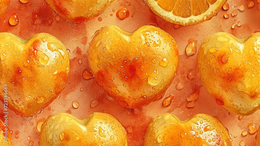 Poster a group of oranges in the shape of a heart with drops of water on them and a slice of orange in the 