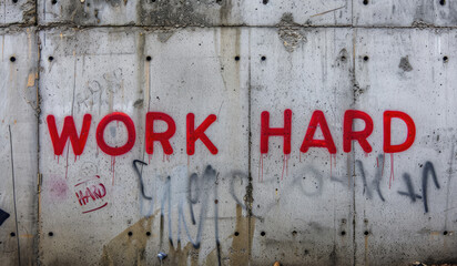 Generative AI, Motivational words Work Hard on the grey rough concrete old wall, street art