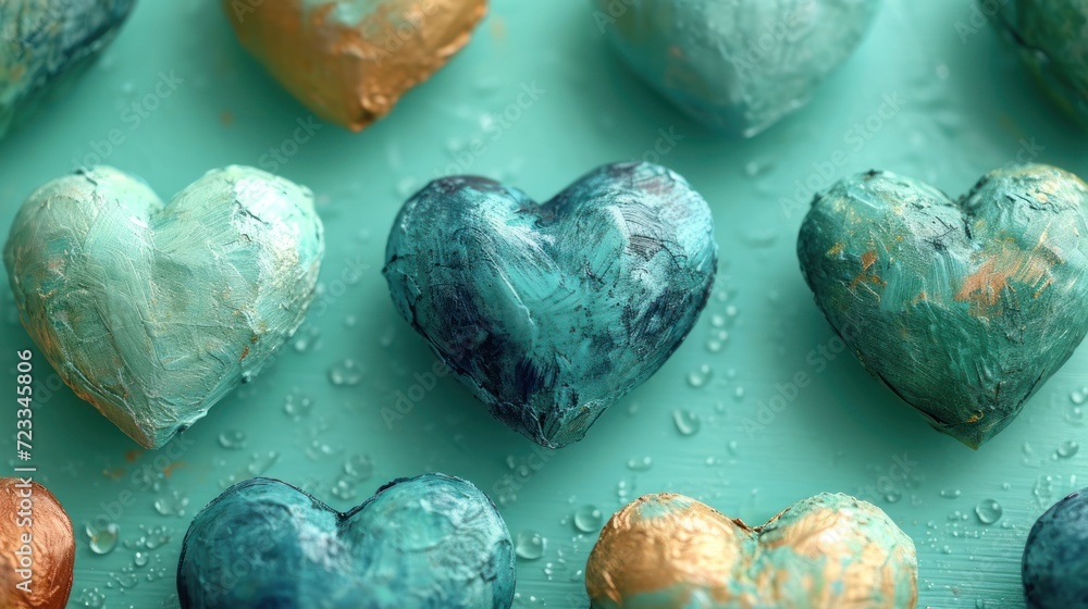 Poster a group of heart shaped chocolates sitting on top of a blue surface with drops of water on the top a