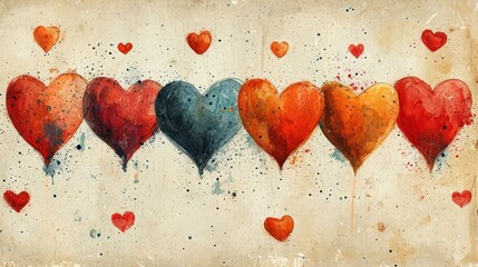  a painting of a line of hearts painted in different colors of red, blue, orange, and black on a white background with splats of paint splats.
