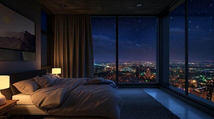 Starry Night City View from Cozy Bedroom