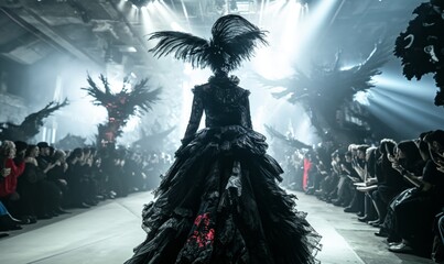 Extravagant Feathered Dress at Fashion Show