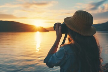 Fototapeta premium Woman in Hat Capturing Lakeside Sunset