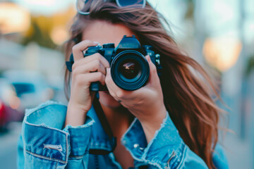 Female Photographer Peering Through DSLR