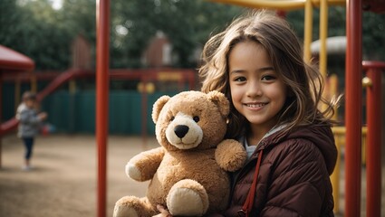 In a moment of pure childhood bliss, a girl and her plush teddy bear share laughter on the playground. Their joy unfolds in a vibrant scene of friendship, capturing the magic of carefree moments