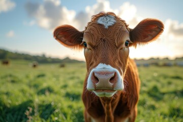 A solitary bovine stands in a lush green pasture, gazing at the endless sky above, as the surrounding grass sways in the gentle breeze
