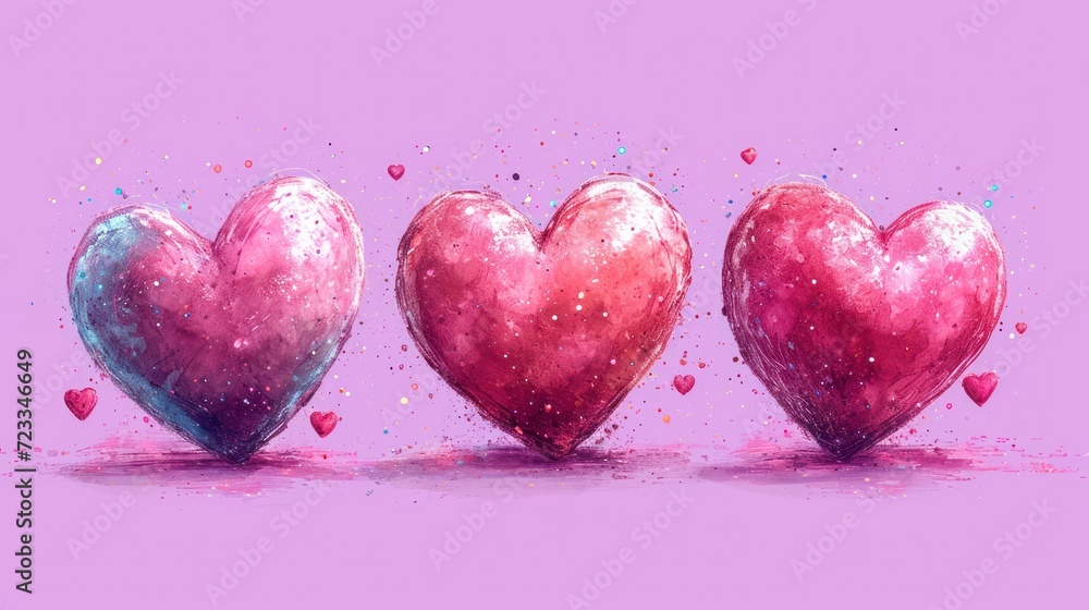 Poster three hearts are lined up in a row on a pink background with pink and blue sprinkles on the bottom o
