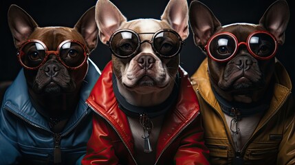 Image of three pugs dressed in vibrant retro latex overalls, each wearing a different colored outfit, forming a stylish biker gang