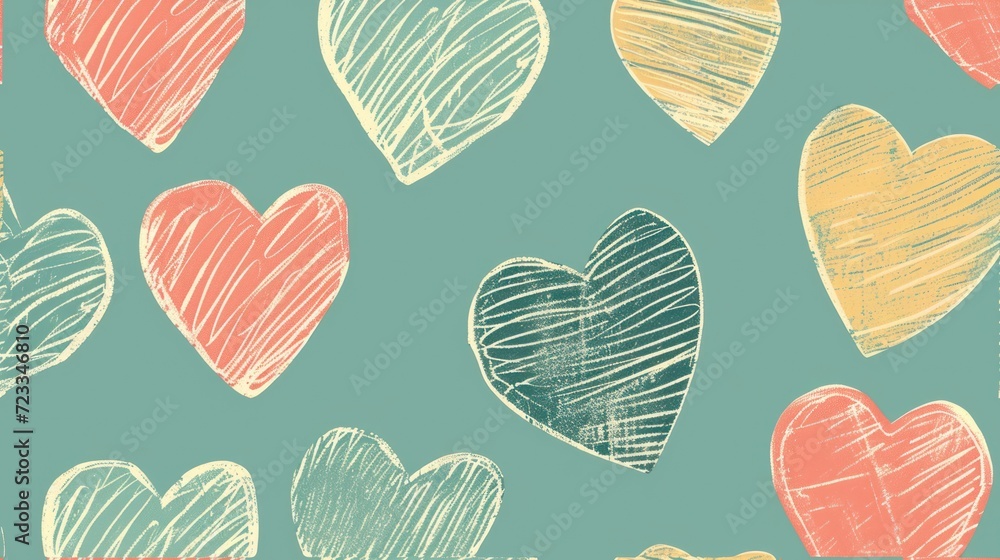 Poster a drawing of a bunch of hearts on a blue background with a red frame in the middle of the picture an