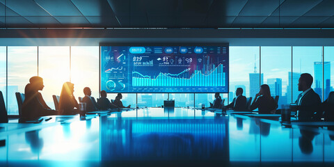 modern corporate boardroom with a large digital screen displaying colorful, intricate graphs and charts representing quarterly financial results, sunlight streaming through large windows