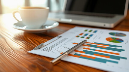 printed quarterly report on a polished mahogany desk, vivid charts and graphs in high detail, a silver pen, and a cup of steaming coffee beside it, in a well-lit office setting