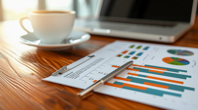 printed quarterly report on a polished mahogany desk, vivid charts and graphs in high detail, a silver pen, and a cup of steaming coffee beside it, in a well-lit office setting