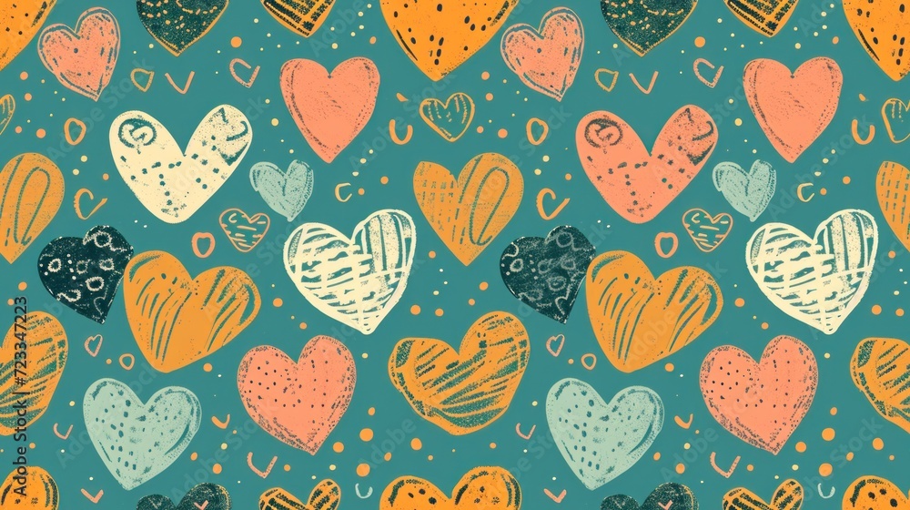 Poster a bunch of hearts that are drawn in different colors and shapes on a blue background with a pattern 