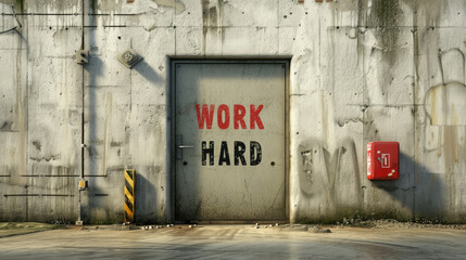 Generative AI, Motivational words Work Hard on the grey rough concrete old wall, street art