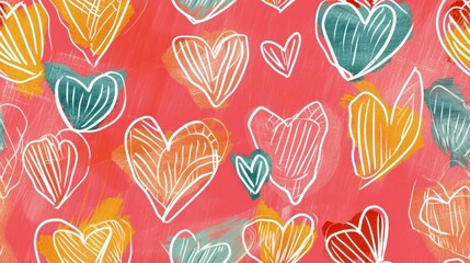  a bunch of hearts painted on a red background with blue, yellow, orange, and pink colors and a white outline on the left side of the heart is in the middle of the image.