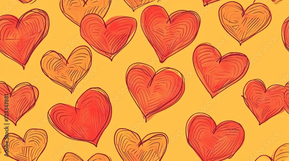 Poster a bunch of hearts that are drawn in red and orange on a yellow background with a black outline on th