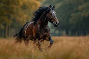 A majestic mustang mare gallops through a lush field of tall grass, her liver and sorrel coat shining in the warm sunlight as she stands proudly amidst the trees, showcasing her strong mane and stall