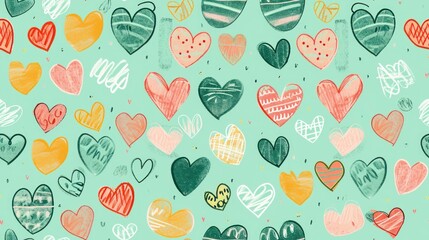  a bunch of hearts that are drawn on a blue background with a green background and red, yellow, pink, green, and orange hearts on a light green background.