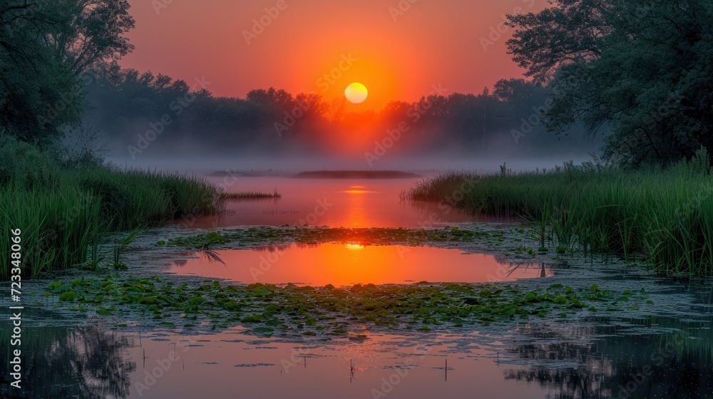Poster the sun is setting over a body of water with lily pads in the foreground and trees in the background