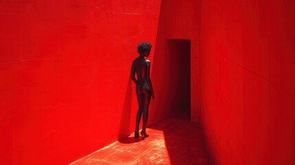  a woman standing in a red room with a red wall behind her and a shadow of a person standing in a red room with a red wall behind her and a red wall.