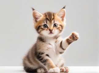 Gleeful cat asks for food, raised his paw