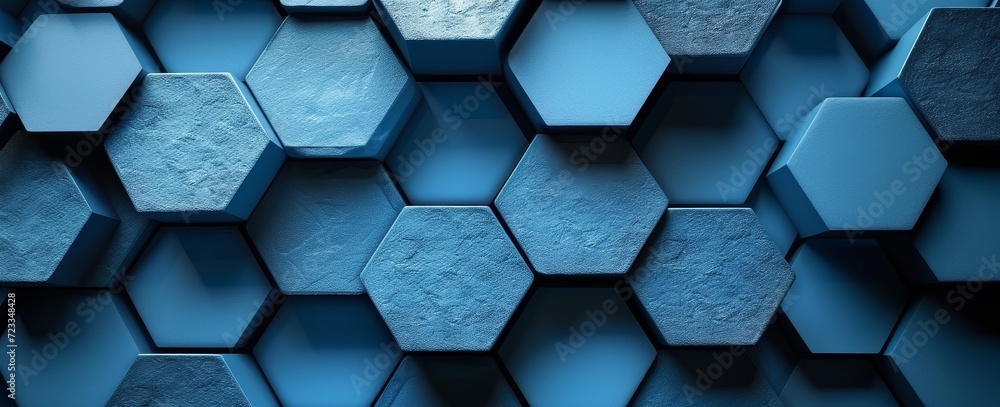 Poster a mesmerizing abstract design of symmetrical blue hexagons on a smooth surface, creating a striking 