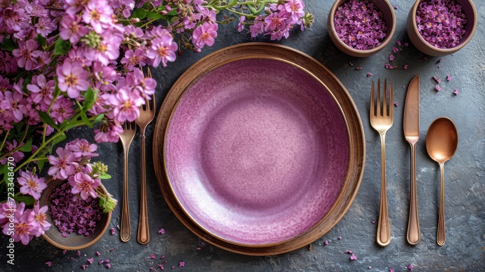 Poster a close up of a plate on a table with silverware and flowers in bowls and spoons on the side of the 