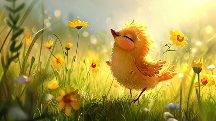 Cute little chicken in a meadow with flowers - obrazy, fototapety, plakaty