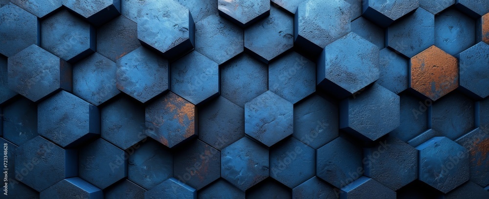 Poster a mesmerizing geometric display of cobalt blue hexagons cascades across a smooth surface, evoking a 