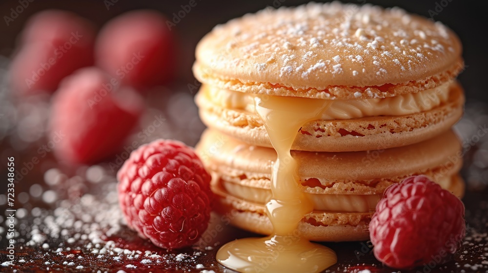 Poster a stack of pancakes with a drizzle of honey on top of them and raspberries on the side with a drizzl