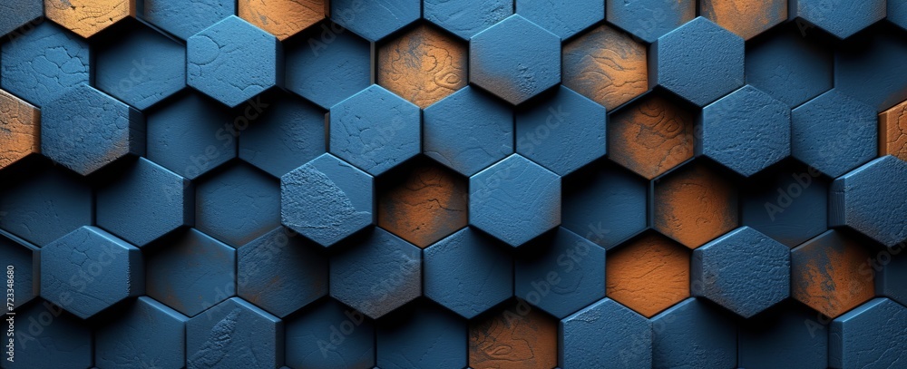 Poster an intricate abstract design featuring vibrant blue and orange hexagons in perfect symmetry, creatin