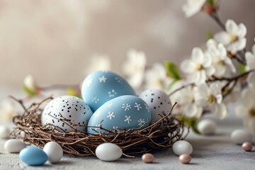 Fototapeta na wymiar Easter eggs with sweets and flowers on beige. Happy Easter concept. White and blue eggs and cute nest with candy