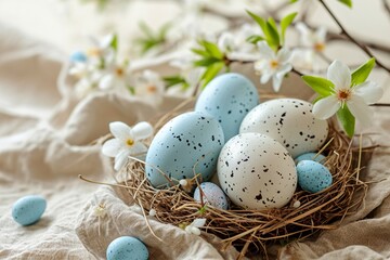 Obraz na płótnie Canvas Easter eggs with sweets and flowers on beige. Happy Easter concept. White and blue eggs and cute nest with candy