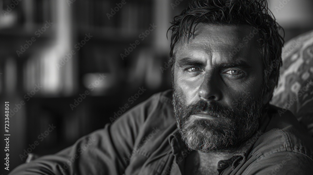 Poster a black and white photo of a man with a beard sitting in a chair in front of a bookshelf with a book